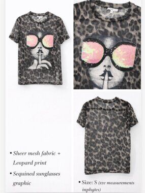 Leopard Mesh Sheer Top Sequin Sunglasses Graphic Y2K Club Tee Size S New